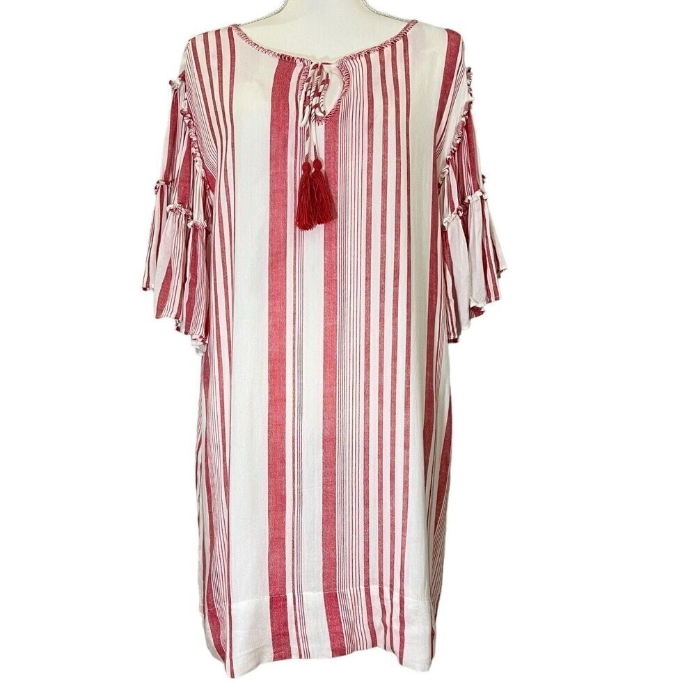 For The Republic Red & White Tassel Striped Ruffle Bell Sleeves Dress Size S